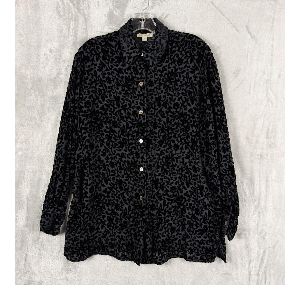Ann Taylor Button-up Black Velvet Burnout Blouse Gothic Sheer Petite Small